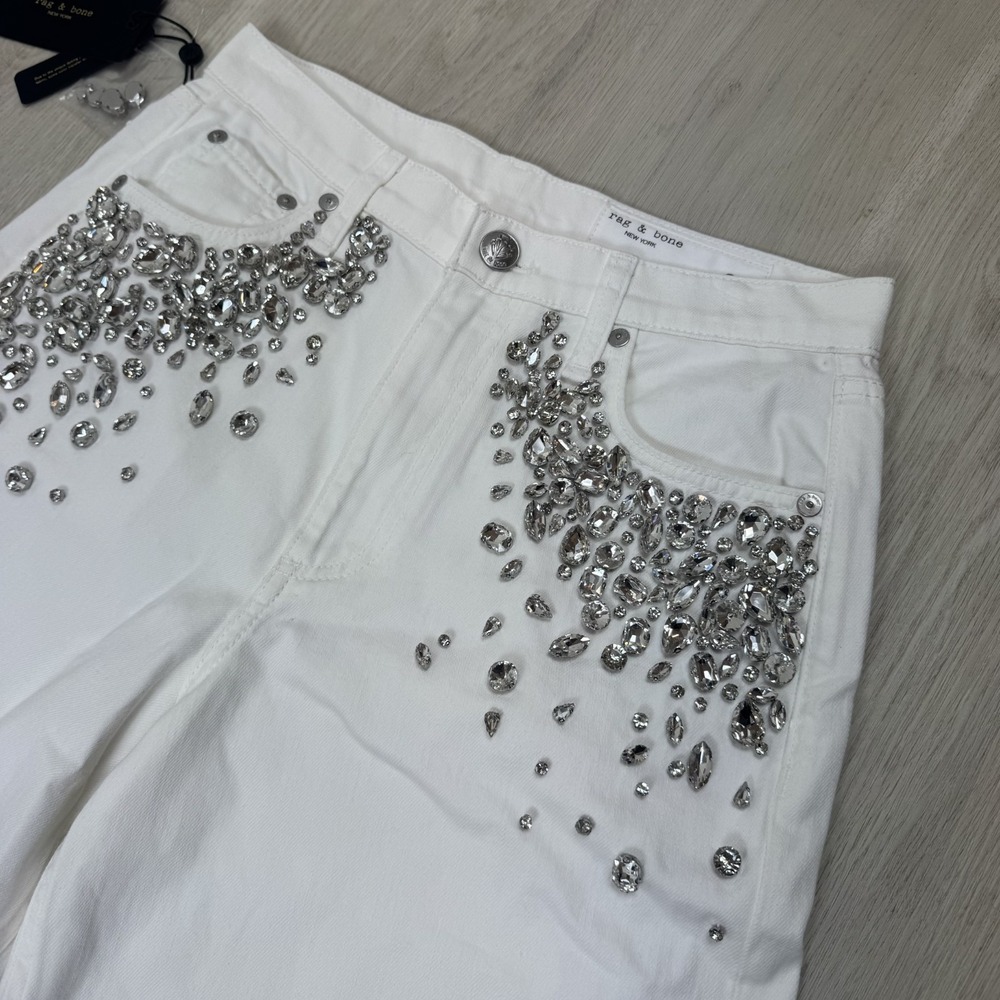Rag & Bone The Andi Embellished High Rise Ankle Wide Leg Jeans 26 White Jewel - Picture 10 of 12